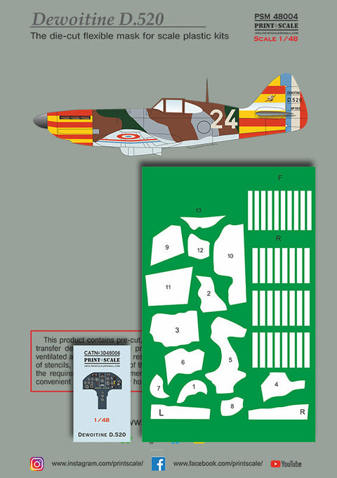 プリントスケール 1/48 PSM48004 デヴォアティーヌ D.520 マスク+デカール+3Dデカール