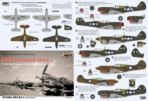 ライジングデカール 72-110 1/72 シャークマウスの P-40K/M/N インド・中国戦線 (decals for 6 a/c)