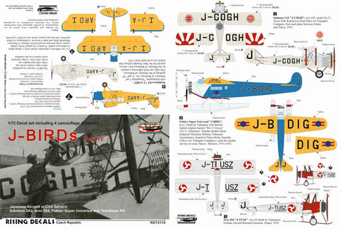 ライジングデカール RD72115 1/72 J-BIRDs パートIV:サルムソン2A2、フォッカー スーパーユニバーサル、アブロ504、立川KS 民間仕様