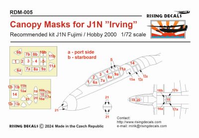 ライジングデカール RDM-005 1/72 夜間戦闘機月光21型 J1N "Irving" キャノピーマスク(フジミ/ホビー2000用)