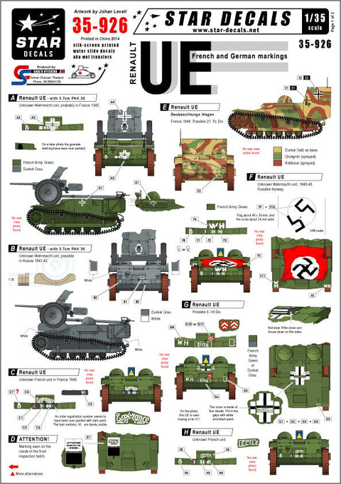 スターデカール 35-926 1/35 ルノーUE 牽引車 フランス軍/ドイツ軍 マーキング