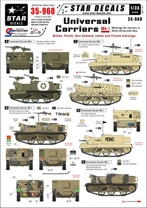 スターデカール 35-960 1/35 ユニバーサルキャリア Mk I イギリス, ポーランド, ニュージーランド, インド,フランス, イギリス連邦軍