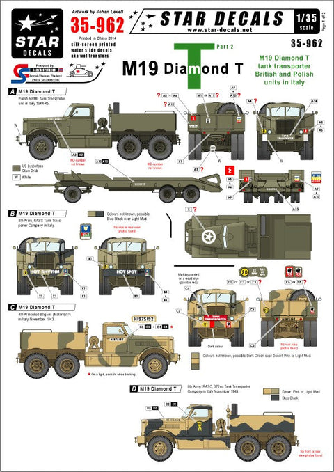 スターデカール 35-962 1/35 M19 ダイアモンド 戦車運搬車 # 2 イギリス,自由ポーランド軍 イン イタリア