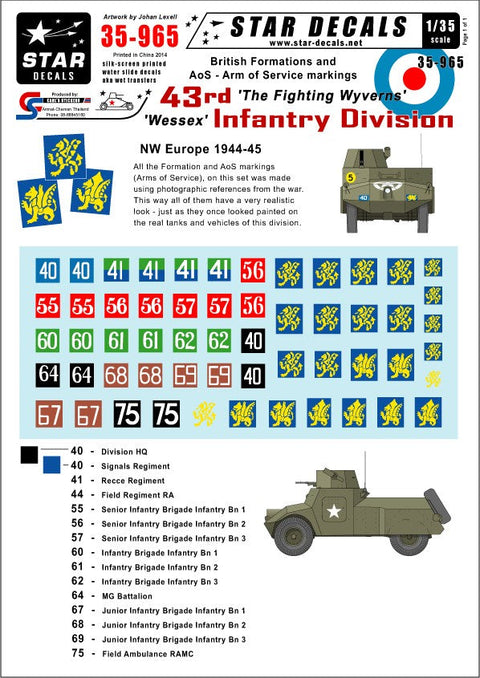 スターデカール 35-965 1/35 イギリス 第43「ウェセックス」歩兵師団 全部隊標識マーキング 北西ヨーロッパ