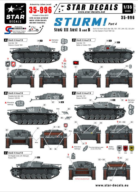 スターデカール 35-996 1/35 突撃砲#4 III号突撃砲B型 第190, 191, 197, 244突撃砲大隊, GD師団, LSSAH 東部戦線1941-42