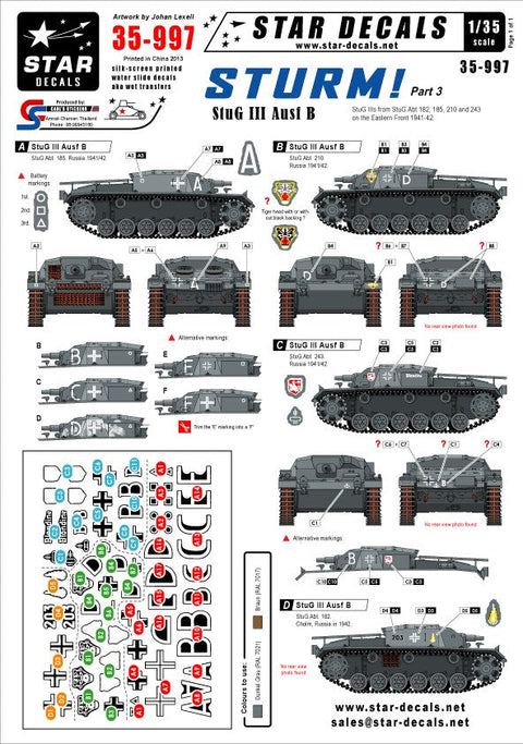 スターデカール 35-997 1/35 突撃砲#3 III号突撃砲B型 第182, 185, 210・243突撃砲大隊 東部戦線1941-42