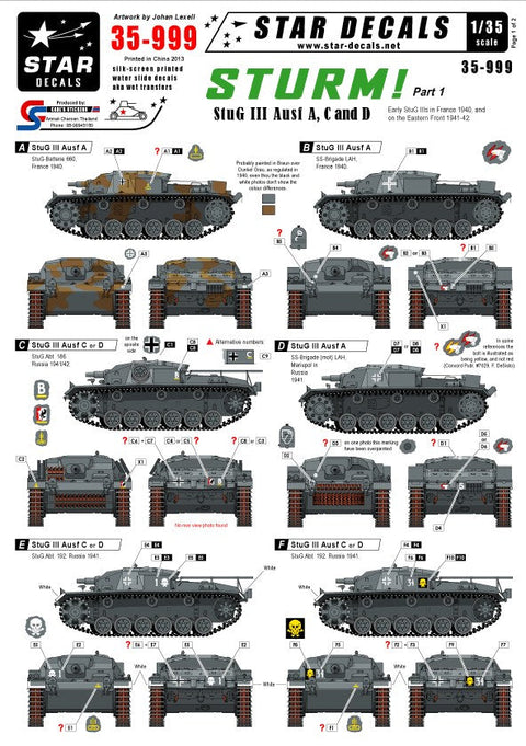 スターデカール 35-999 1/35 突撃砲#1 III号突撃砲 A, C, D, III突撃砲G初期型 フランス1940 東部戦線1941-42