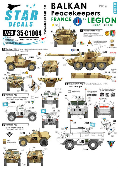 スターデカール 35-C1004 1/35 バルカン半島の平和維持部隊 #3 フランス, La Legion VAB, VBL, AMX-10RC