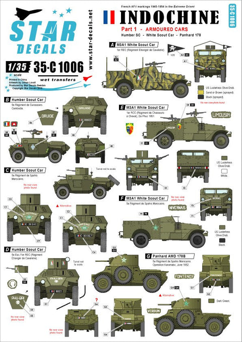 スターデカール 35-C1006 1/35 インドシナ紛争 #1 装甲車 ホワイトスカウト, ハンバーSC, パナール178