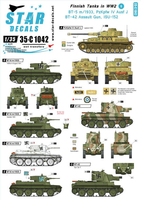 スターデカール 35-C1042 1/35 フィンランド戦車 イン WWII # 6 BT-5, BT-42, IV号戦車J型, ISU-152