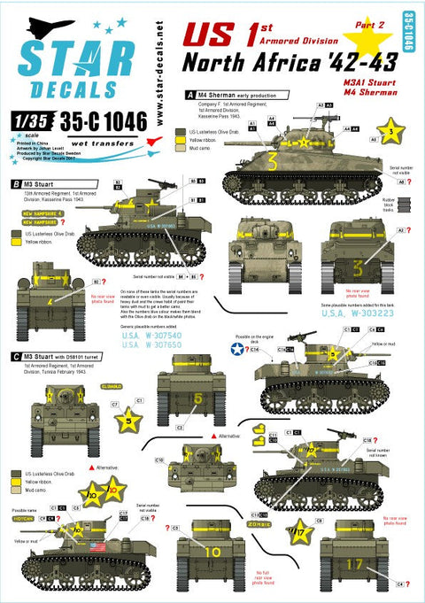 スターデカール 35-C1046 1/35 アメリカ 第1機甲師団# 2 M4 シャーマン, M3 スチュアート イン 北アフリカ