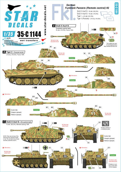スターデカール 35-C1144 1/35 ドイツ 無線操縦戦車 #2 III号突撃砲G型, タイガーI, タイガーII. #2