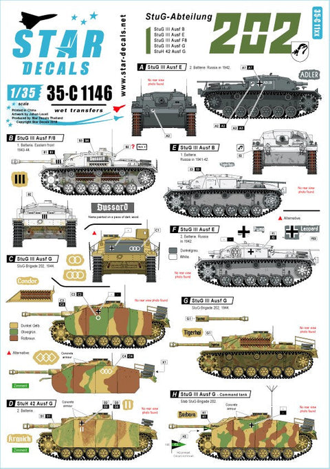 スターデカール 35-C1146 1/35 第202突撃砲大隊のIII号突撃砲B/E/F8/G型とStuH 42