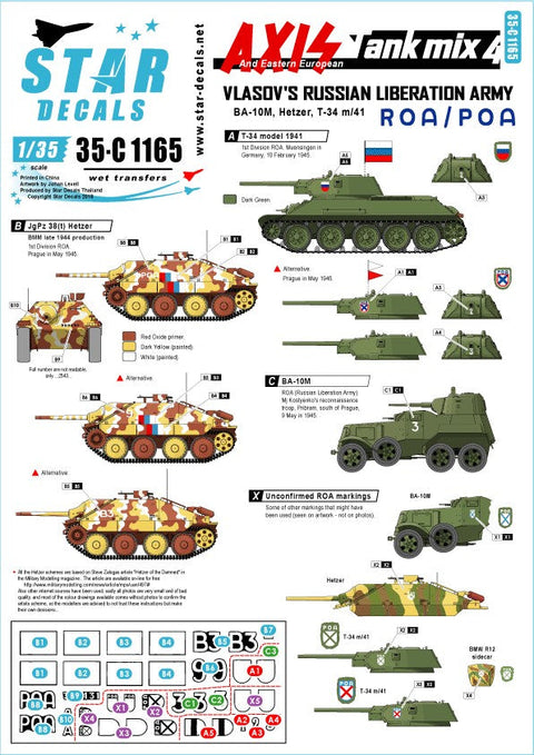 スターデカール 35-C1165 1/35 枢軸軍に参加した東ヨーロッパの戦車#4. ロシア解放軍の戦車 T-34と BA-10Mほか
