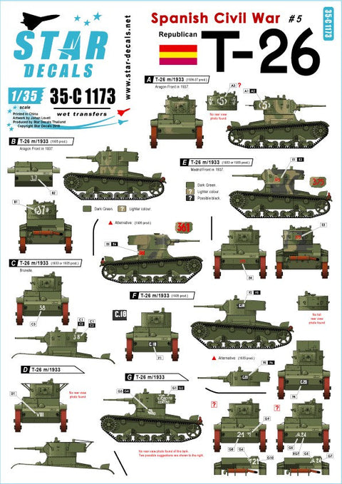 スターデカール 35-C1173 1/35 スペイン内戦#5 T-26 共和党側のT-26m / 1933年
