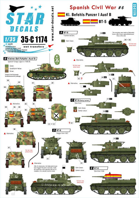 スターデカール 35-C1174 1/35 WWII 西班 スペイン内戦 #6 ナショナリストのI号戦車と共和派のBT-5のマーキングmarkings.