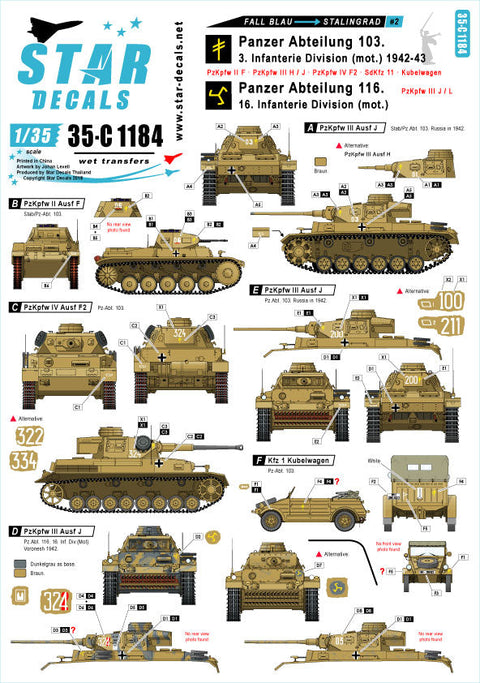 スターデカール 35-C1184 1/35 WWII ドイツ ブラウ作戦とスターリングラード #2 II号戦車F型、III号戦車H,J,L型、IV号戦車F2型他