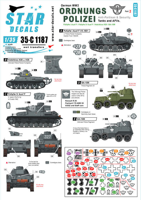 スターデカール 35-C1187 1/35 WWII ドイツ 秩序警察所属の装甲車 #2 戦車と装甲車のマーキング集 BA-10M、IV号戦車F型他
