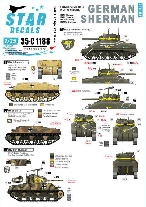 スターデカール 35-C1188 1/35 WWII ドイツ ドイツ軍のM4シャーマン/ドイツ軍に鹵獲され再就役したシャーマン M4、M4A1、M4A3(W)
