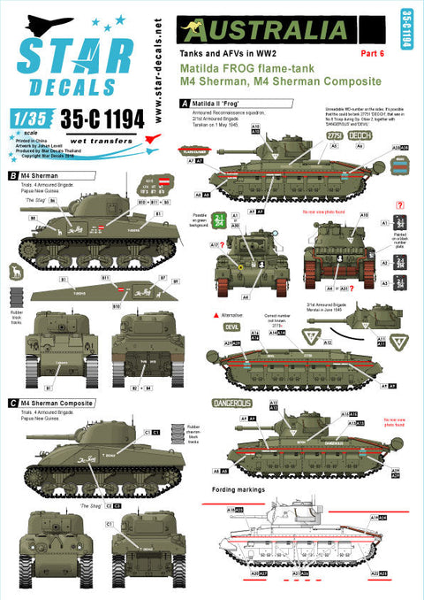 スターデカール 35-C1194 1/35 WWII 豪 オーストラリア軍の戦車と装甲車 #6 ニューギアの戦い マチルダII火炎放射戦車、M4シャーマンコンポジット等