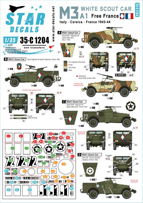 スターデカール 35-C1204 1/35 WWII アメリカ 仏 連合軍 自由フランス軍に就役したM3A1スカウトカー 1943?45年イタリア、コルシカ島、フランス