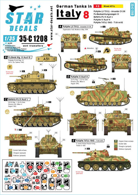 スターデカール 35-C1208 1/35 WWII ドイツ イタリア戦線のドイツ戦車#8 III号指揮戦車G型 III号指揮戦車J型 IV号戦車H型 L3豆戦車 T-34/76