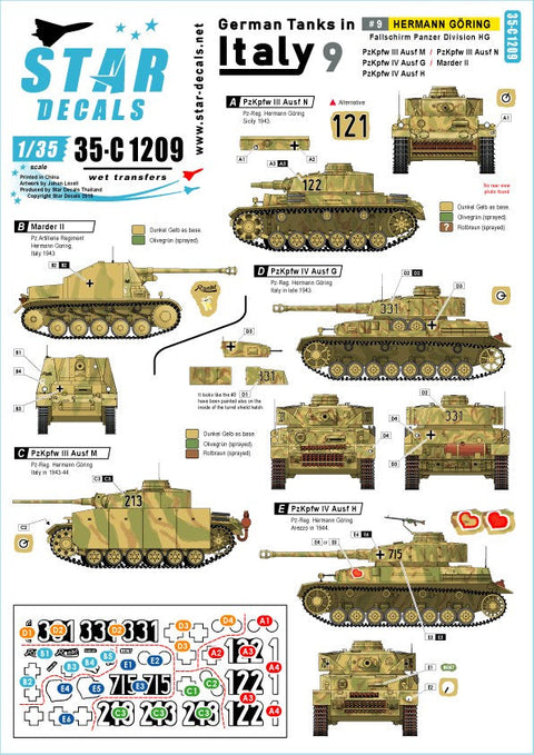 スターデカール 35-C1209 1/35 WWII ドイツ イタリア戦線のドイツ戦車#9 ヘルマンゲーリング装甲師団 三号戦車M/N型 IV号戦車G/H型 マーダーII