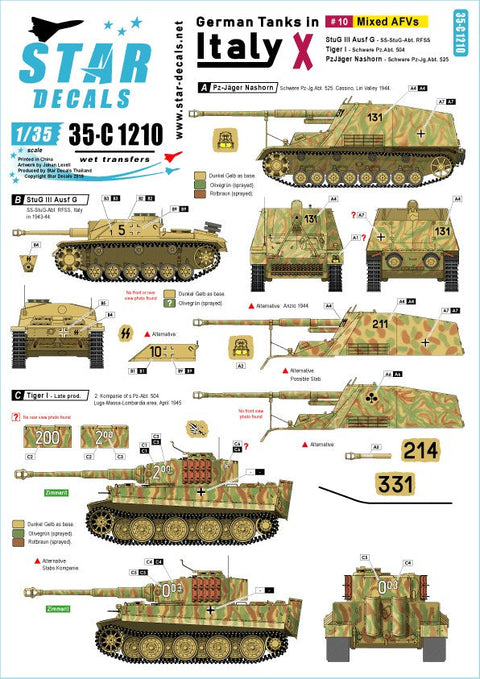 スターデカール 35-C1210 1/35 WWII ドイツ イタリア戦線のドイツ戦車#10 III号突撃砲G型 タイガーI後期型 ナースホルン