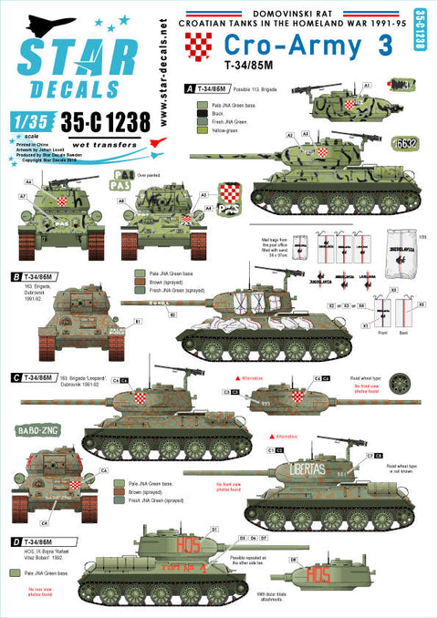 スターデカール 35-C1238 1/35 現用 バルカン半島 クロアチア陸軍#3 祖国戦争でのT-34/85戦車