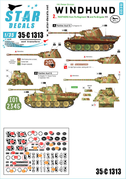 スターデカール 35-C1313 1/35 グレイハウンド#2 第16戦車連隊と第111装甲師団のパンサー戦車