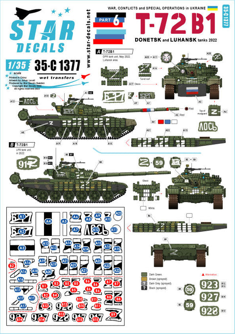 スターデカール 35-C1377 1/35 ウクライナの戦争#6 ドネツク共和国、ルガンスク共和国のT-72B1戦車 2022年