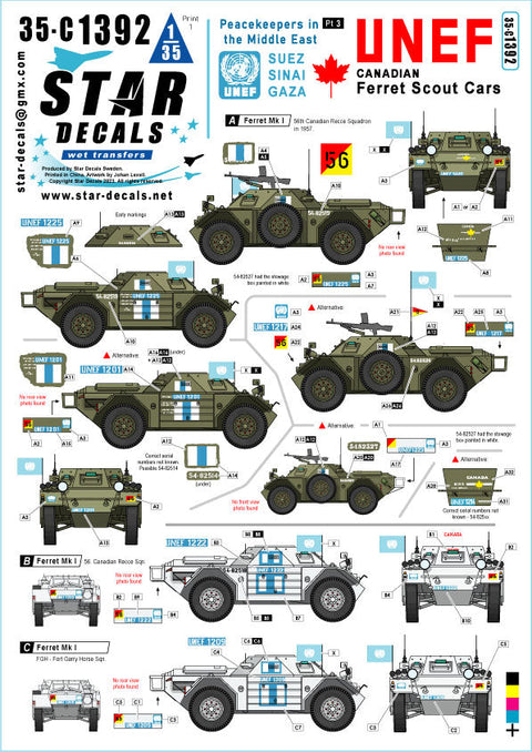 スターデカール 35-C1392 1/35 中近東の平和維持軍#3 UNEFカナダ軍のフェレットMk.1偵察車