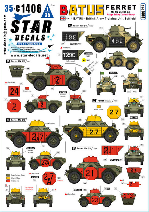 スターデカール 35-C1406 1/35 現用 BATUS(イギリス陸軍サフィールド訓練部隊)#1 演習場安全管理グループのフェレットMk.1/2・Mk.2/3偵察装甲車