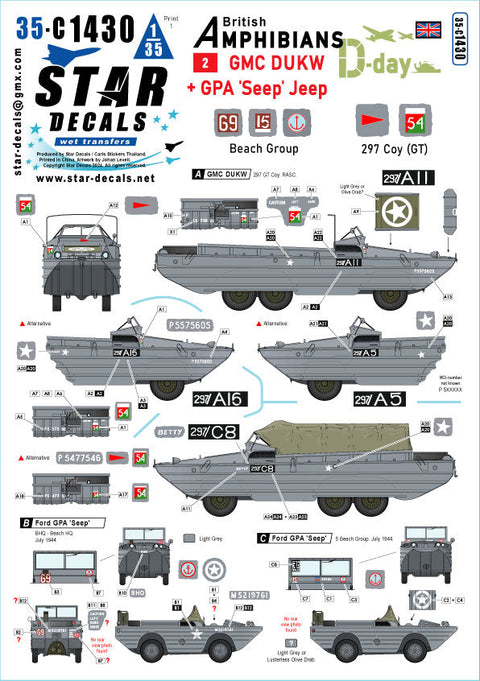スターデカール 35-C1430 1/35 D-デイイギリス DUKW/シープ水陸両用車#2 第297総合輸送中隊/ビーチ集団
