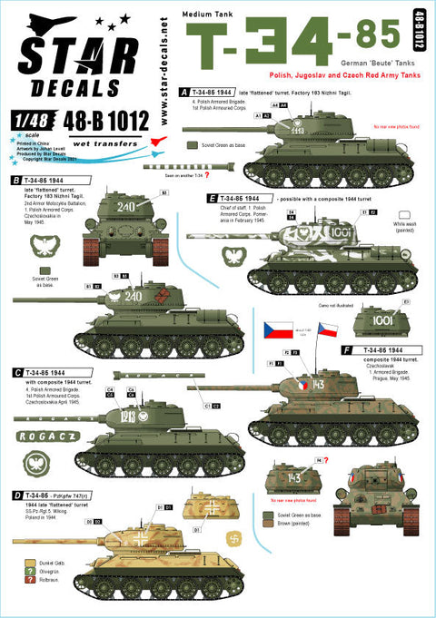 スターデカール 48-B1012 1/48 T-34-85 中戦車 ドイツ捕獲戦車 ポーランド,ユーゴスラビア&チェコ赤軍戦車