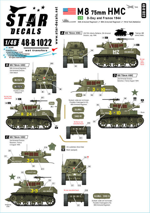スターデカール 48-B1022 1/48 WWII アメリカ ノルマンディー上陸作戦/フランスのM8自走榴弾砲(1944年)
