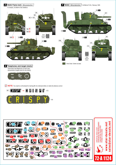 スターデカール 72-A1124 1/72 WWII アメリカ 太平洋戦線 硫黄島の戦い アメリカ海兵隊 M4A2 シャーマン戦車, M4A2/M4A3 火炎放射型