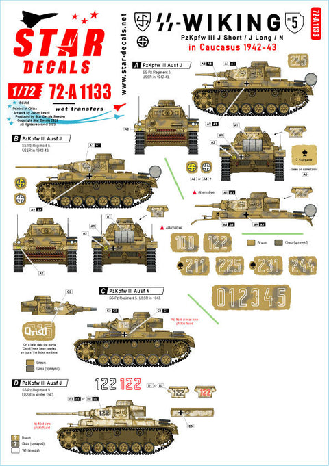 スターデカール 72-A1133 1/72 WWII ドイツ ヴィーキング師団#5 III号戦車J型(短砲身)/J型(長砲身)/N型 コーカサス1942-43年