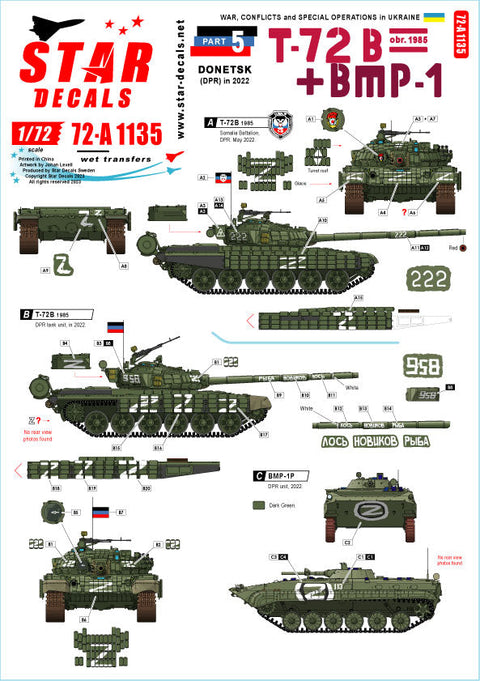 スターデカール 72-A1135 1/72 ウクライナの戦争#5 ドネツク共和国のT-72B(Mod.1985)主力戦車とBMP-1歩兵戦闘車(2022年)