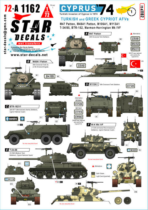 スターデカール 72-A1162 1/72 キプロス 1974 # 1トルコ系およびギリシャ系キプロス軍の装甲車両M47・M48A1・M106A1・M113A1・T-34/85・BTR-152・マーモン・ヘリントン装甲車