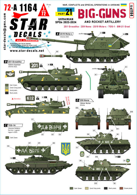 スターデカール 72-A1164 1/72 ウクライナ戦争#21ウクライナの大型砲とロケット砲2S1・2S9 Nona・2S19 Msta-s・TOS-1・BM-21 Grad