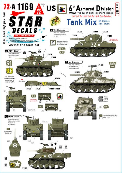 スターデカール 72-A1169 1/72 アメリカ第 6 機甲師団第 3戦車の組み合わせM4 シャーマン・M5A1 スチュアート