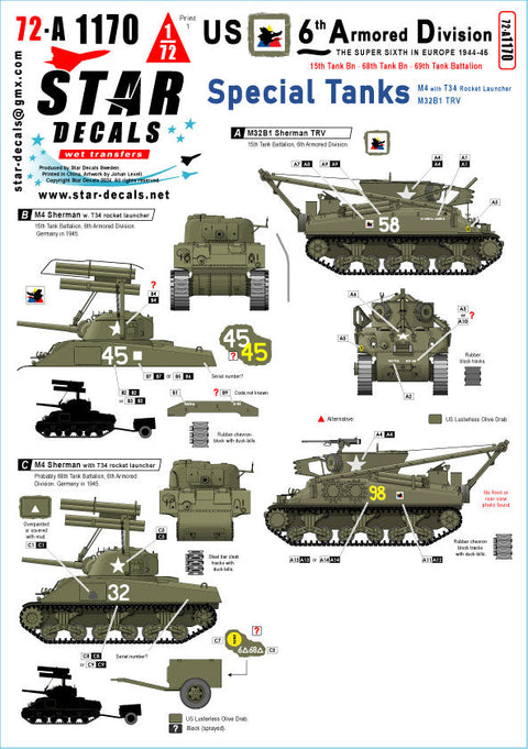 スターデカール 72-A1170 1/72 アメリカ第 6 機甲師団第 4 特殊戦車T34 ロケット ランチャーと M32B1 TRV を搭載した M4