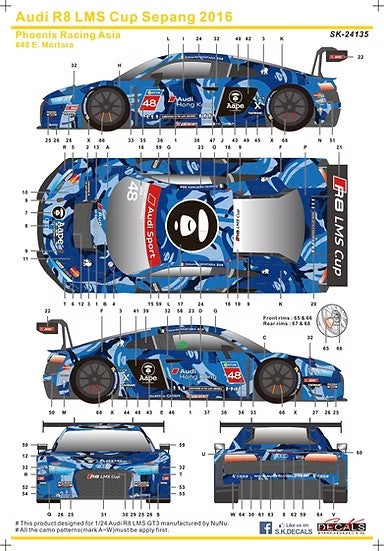 SKデカール SK24135 1/24 アウディ R8 LMS Cup Sepang 2016 AAPE / Phoenix Racing Asia