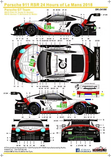 SKデカール 1/24 SK24186 ポルシェ 911 RSR FIA 世界耐久選手権 ル・マン24時間レース 2018 ポルシェ GT チーム #93 & #94