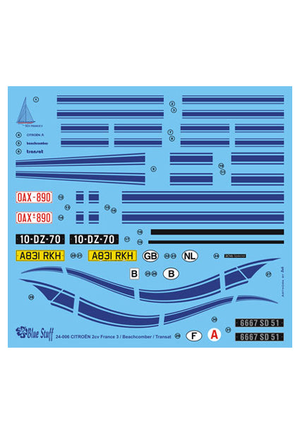 ブルースタッフ BS 24-006 1/24 シトロエン 2cv フランス 3 / トランザット / ビーチコーマー 1984 - 1/24デカール タミヤ24164/89654用・レベル7095用