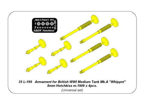 アベール 35L199 1/35 イギリスWWI 中戦車用 Mk.A ウィペット 8mm オチキス m.1909 x 4 銃身
