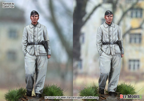 DEFモデル DF35035 1/35 WWII ドイツ軍戦車兵、ティーガーIの前で寄りかかって休息中（フィギュア1体、頭部2種）