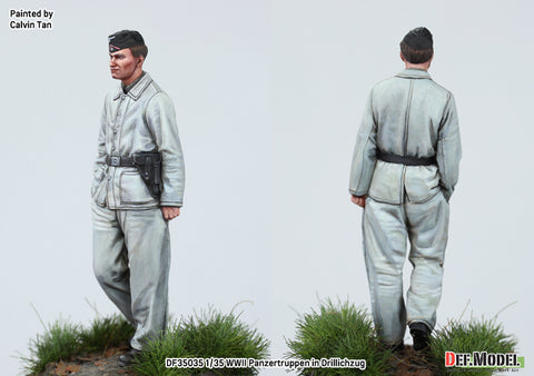 DEFモデル DF35035 1/35 WWII ドイツ軍戦車兵、ティーガーIの前で寄りかかって休息中（フィギュア1体、頭部2種）