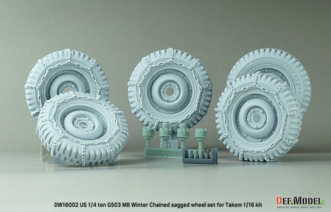 DEFモデル DW16002 1/16 1/4トン 4x4 G503 MB用 冬季チェーン装着・自重変形ホイールセット（タコム 1/16スケール用）